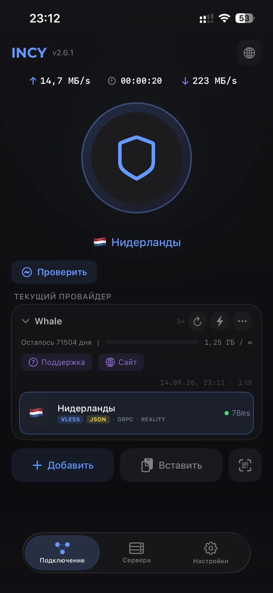 Экран INCY с активным подключением Whale к серверу Нидерланды